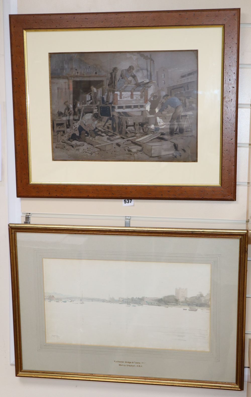 Murray Urquhart (b.1880), watercolour, Rochester Bridge and Castle, 1934, 25 x 46cm and a watercolour by David Thomas Rose, The Yard,